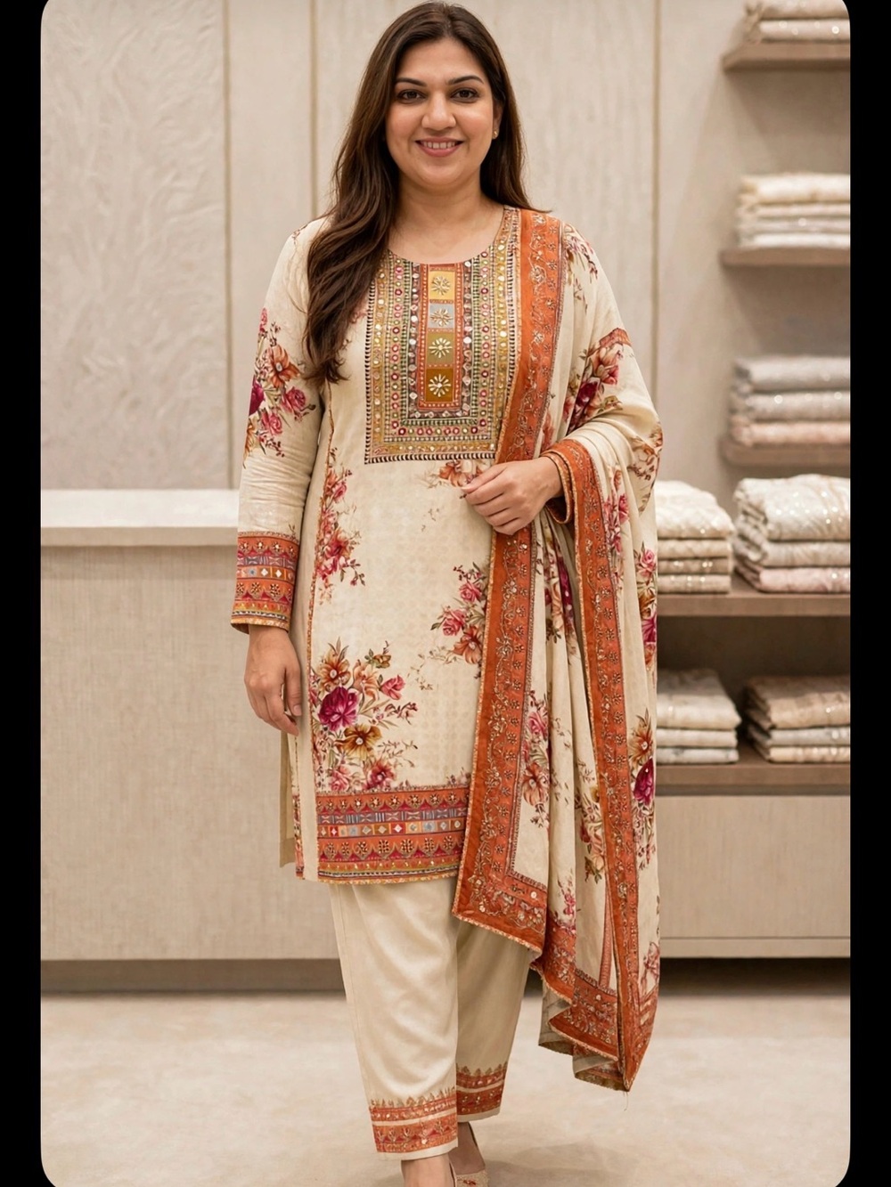 Floral Embroidered Cream Kurta Set with Pink Accents